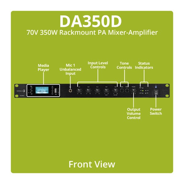 Main product image for Dayton Audio DA350D Commercial Audio Amplifier 350W 70V/ 100V/ 4 Ohm Mixer - 4 Mic 2 Aux 1 Telephone input